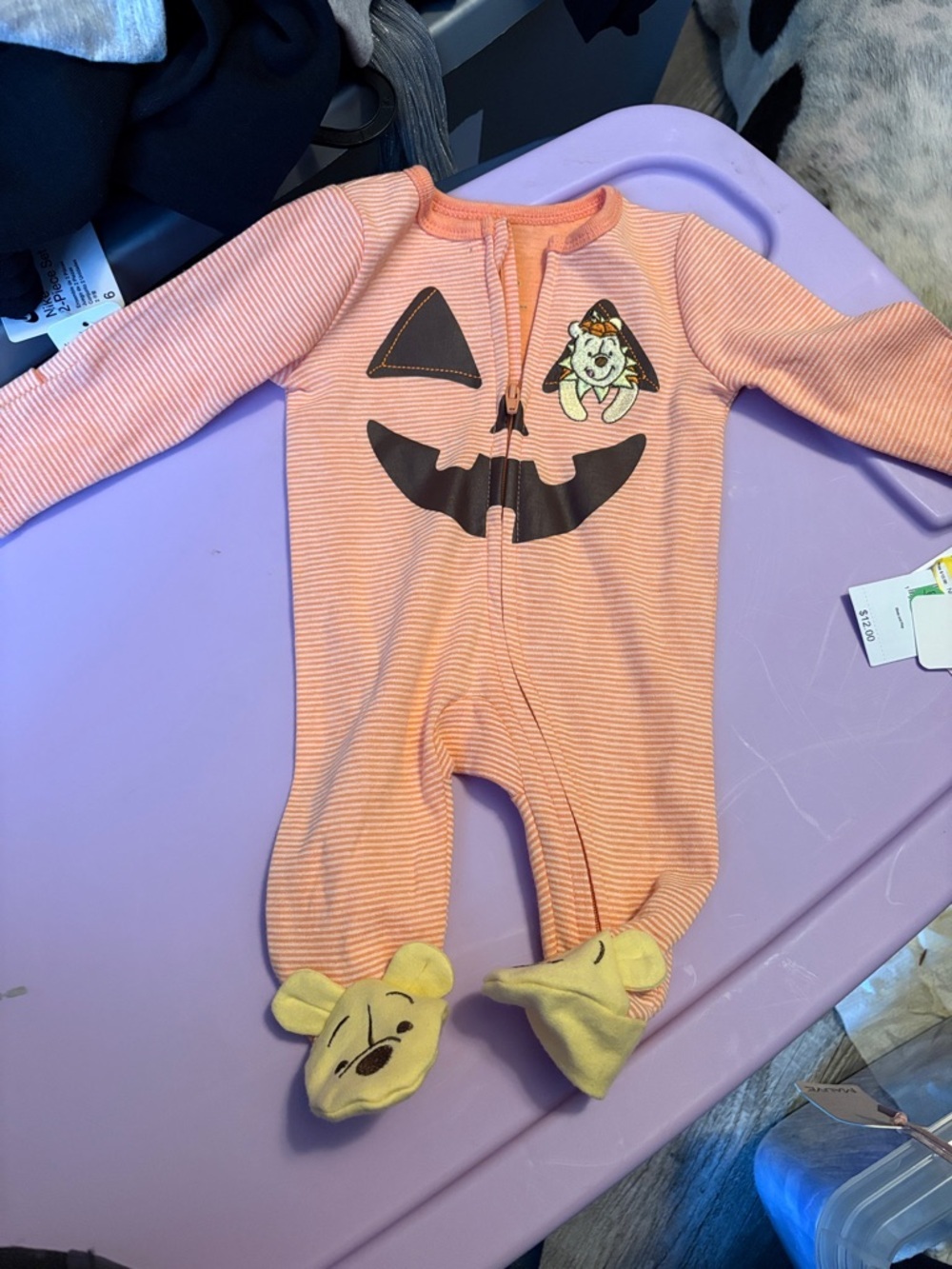 Disney Orange Striped Pumpkin Face Footed One-Piece